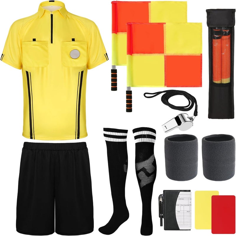 INFLATJOY Store 7 Pcs Soccer Referee Kit Costume Men Referee Shirt Shorts Soccer Ref Referee Cards Whistle Socks Flags Wristband - Image 1